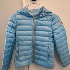 Moncler Light Blue Puffer Jacket with Hood and Slim Fit